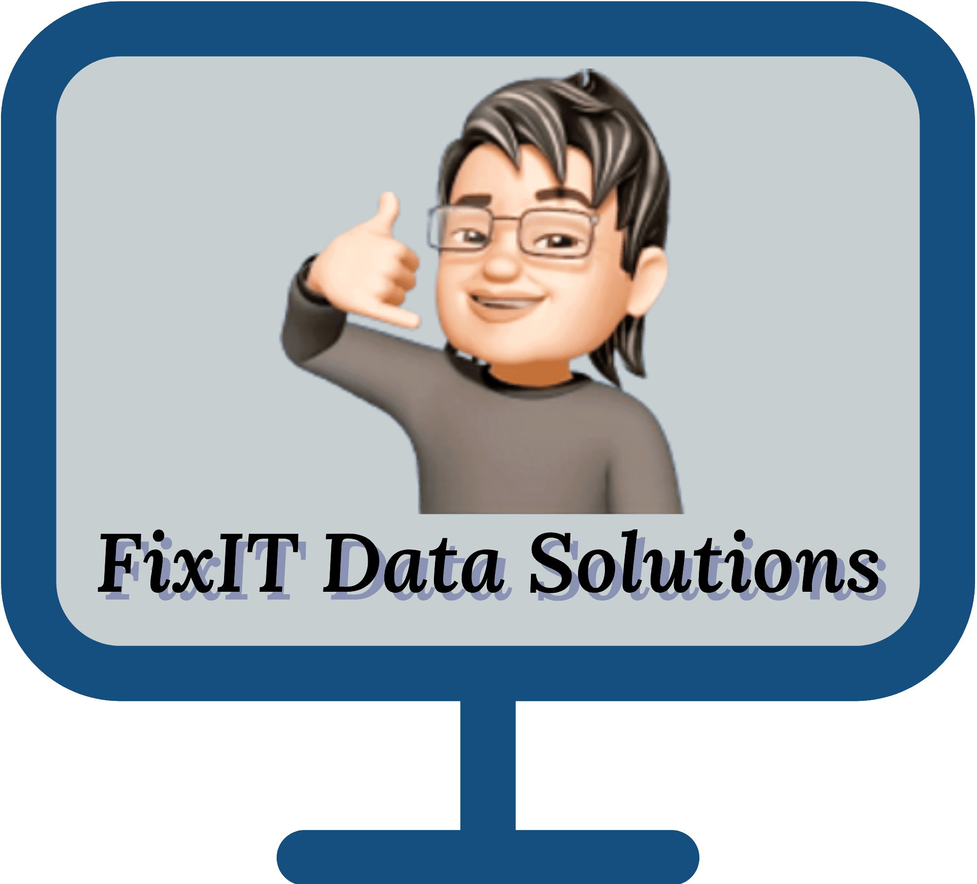 Cartoon character making a phone gesture displayed on a computer screen. Text reads "FixIT Data Solutions.