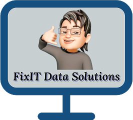 Cartoon character making a phone gesture on a computer screen displaying the text "FixIT Data Solutions.