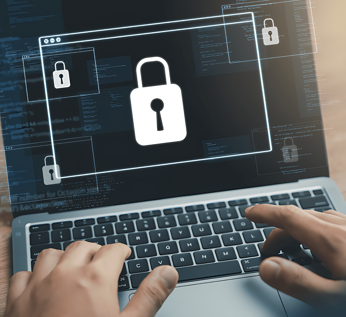 Hands typing on a laptop keyboard, with an overlay of digital lock icons on the screen, symbolizing cybersecurity.
