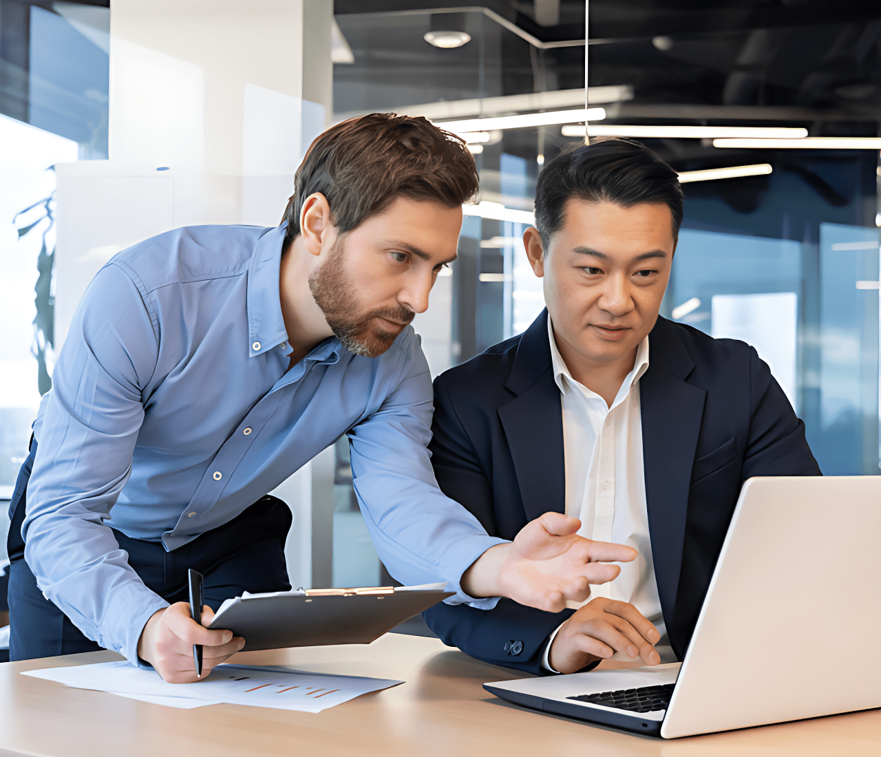 Two men in an office, one sitting and looking at a laptop, the other standing and pointing at the screen while holding a clipboard.