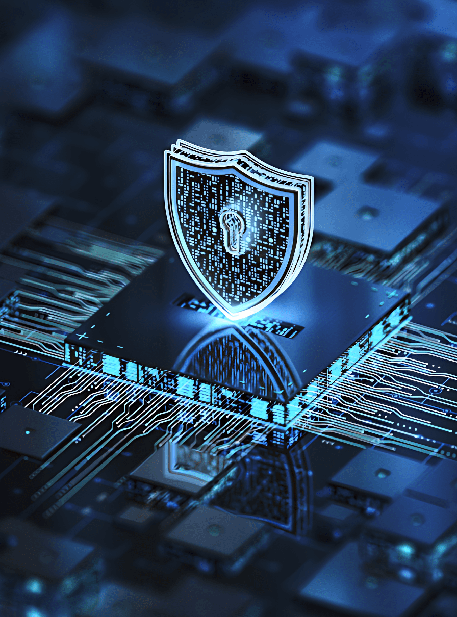 A digital shield with a lock symbol hovers above a circuit board, symbolizing cybersecurity and protection of electronic data.