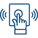 Icon of a hand pressing a button on a touchscreen device, surrounded by signal waves, depicted in blue outline.