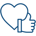A blue outline drawing of a heart and a thumbs-up icon overlapping, symbolizing approval or liking.