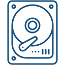 Icon of a hard disk drive showing a circular platter and an actuator arm, outlined in blue.