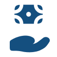 A blue icon of an open hand below a gear-like object, symbolizing support or technology management.
