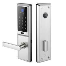 Digital door lock with keypad and fingerprint scanner. Features a metallic handle and sleek, modern design. Display shows numeric panel and fingerprint recognition area.